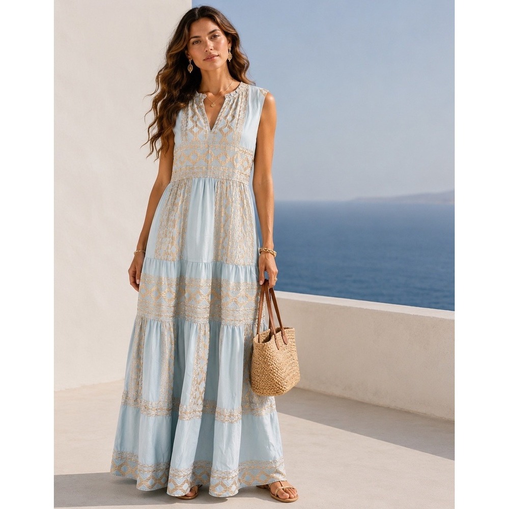 $395 Lace The Label Ava Blue & Gold Metallic Sleeveless Maxi Dress Sz L Greece